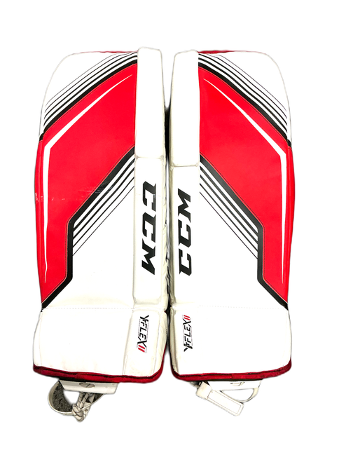 Vist Large View of Product Image Which is Used CCM YT FLEX II Goalie Leg Pads Youth Red And White 26"