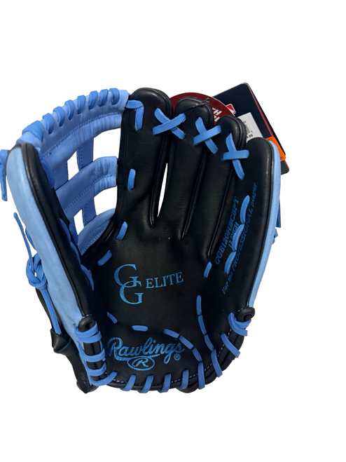 Vist Large View of Product Image Which is New Rawlings GOLD GLOVE ELITE GGE120HBCBPT Leather Junior Baseball Glove RH Throw Black And Royal Blue 12"