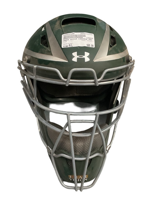 Vist Large View of Product Image Which is Used Under Armour UAHG3A-1 Catchers Helmet w/Mask Green M/L
