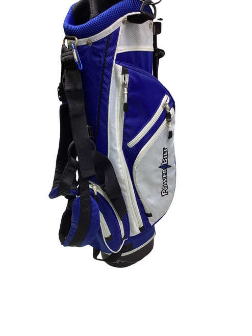 Vist Large View of Product Image Which is Used Powerbilt 5 WAY STAND BAG Jr Stand Bag Royal Blue And White