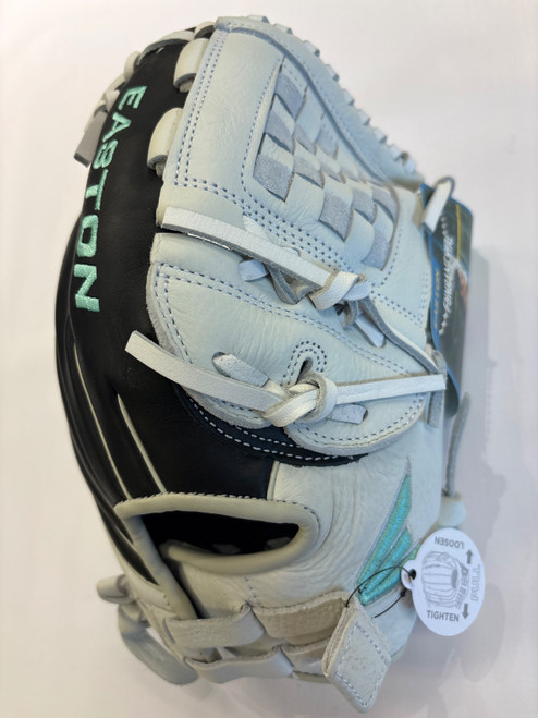 Vist Large View of Product Image Which is New Easton FUNDAMENTAL FP RH Throw Fastpitch Gloves Black And White 12"
