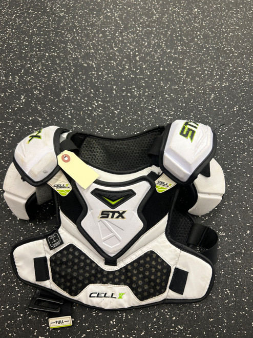 Vist Large View of Product Image Which is Used STX CELL V Lacrosse Shoulder Pads White SM