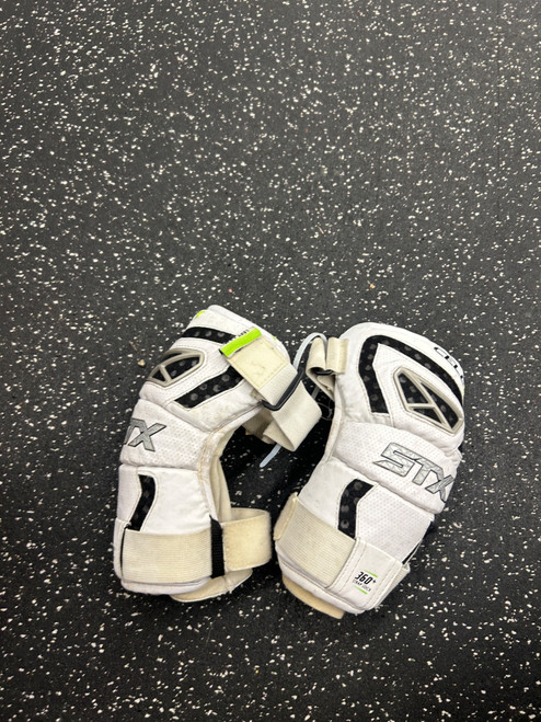 Vist Large View of Product Image Which is Used STX CELL V Lacrosse Arm Pads/Guards White SM