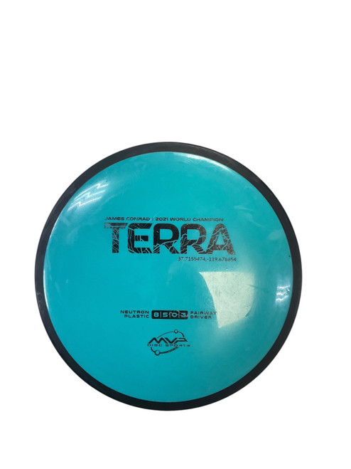 Vist Large View of Product Image Which is Used MVP NEUTRON TERRA Disc Golf Driver Carolina Blue 173g