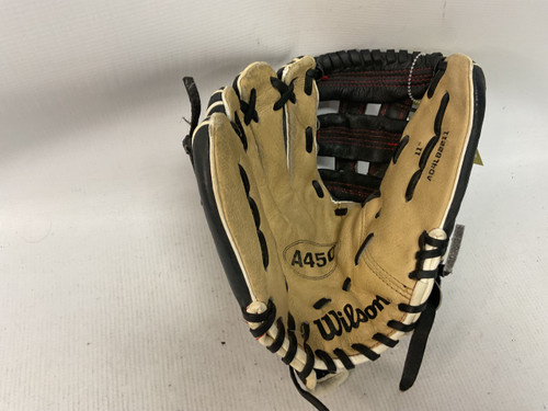 Vist Large View of Product Image Which is Used Wilson A450 BB/SB Glove LH Throw Tan 11"