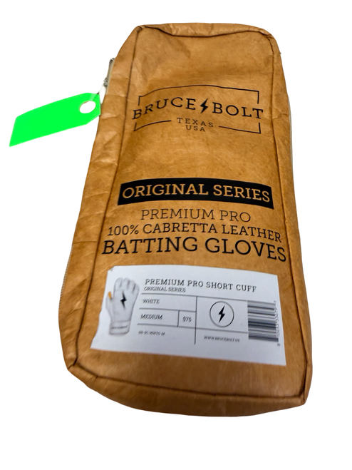 Vist Large View of Product Image Which is New BRUCE BOLT ORIGINAL SERIES Premium Pro PRO SHORT CUFF Adult Batting Gloves White MD