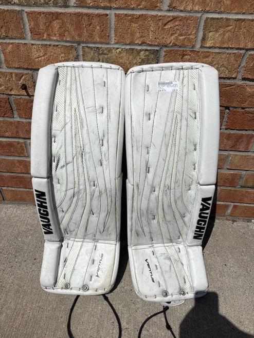 Vist Large View of Product Image Which is Used Vaughn VENTUS SLR JR Goalie Leg Pads Junior White 28"
