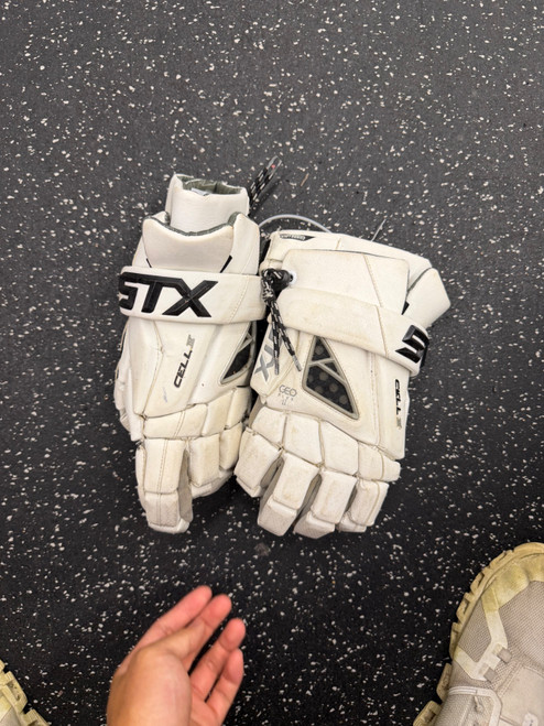 Vist Large View of Product Image Which is Used STX CELL IV Lacrosse Gloves Mens White XL