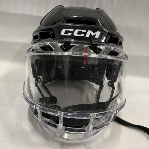 Vist Large View of Product Image Which is Used CCM TAKCS 720 Hockey Full Visor Black SM