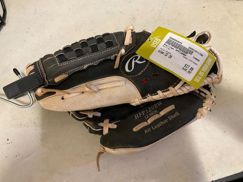 Vist Large View of Product Image Which is Used Rawlings HFP120BW LH Throw Fastpitch Gloves Black 12"