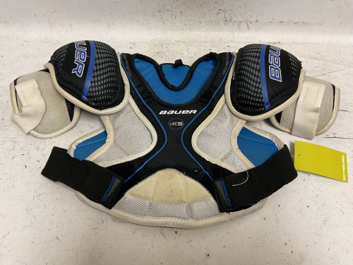 Vist Large View of Product Image Which is Used Bauer ONE35 Junior Shoulder Pads White/Black/Royal MD