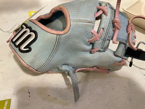 Vist Large View of Product Image Which is Used Marucci MTRG95BP TRAINER BB/SB Glove RH Throw Sky Blue 9 1/2"
