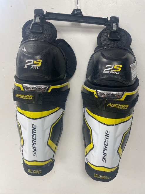 Vist Large View of Product Image Which is Used Bauer SUPREME 2S PRO Junior Shin Guards White/Black/Yellow 10"
