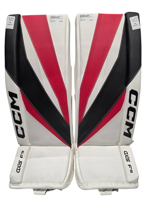 Vist Large View of Product Image Which is CCM AXIS F9 Goalie Leg Pads Intermediate White/Black/Red 31"+1