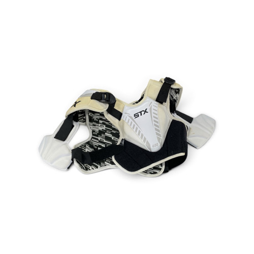 Vist Large View of Product Image Which is Used STX Stallion 400 Lacrosse Shoulder Pads White Small, front view, angled