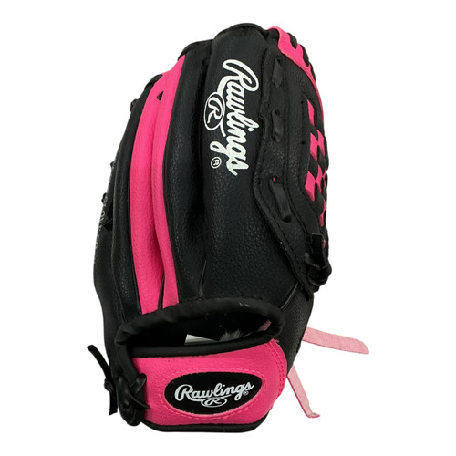 Vist Large View of Product Image Which is Used Rawlings PLAYERS SERIES PL950BP BB/SB Glove T-ball Black And Pink 9 1/2"