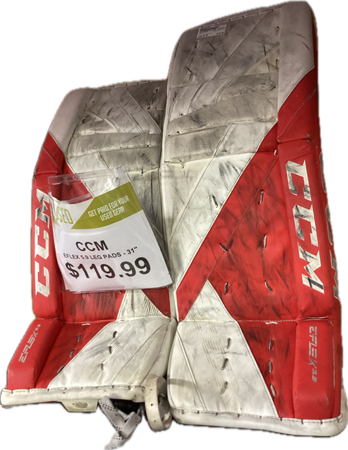Vist Large View of Product Image Which is Used CCM EFLEX 5.9 Goalie Leg Pads Inter Red And White 31"