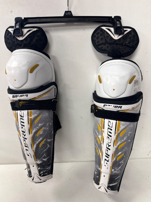 Vist Large View of Product Image Which is Used Bauer SUPREME MAX SOR3 Junior Shin Guards White 12"