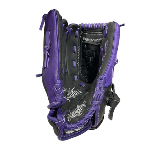 Vist Large View of Product Image Which is Used Rawlings HIGHLIGHT SERIES BB/SB Glove LH Throw Purple 11 1/2"