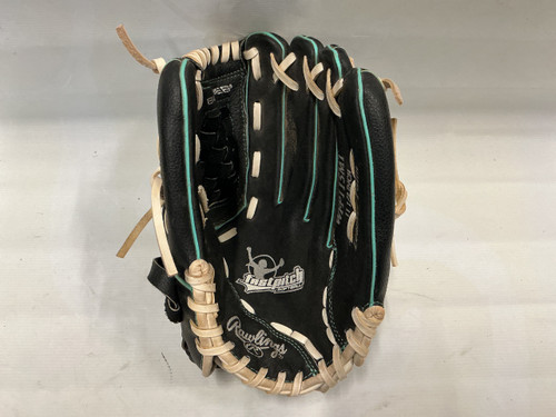 Vist Large View of Product Image Which is Used Rawlings FP Softball WFP115MT RH Throw Fastpitch Gloves Black And Sky Blue 11 1/2"