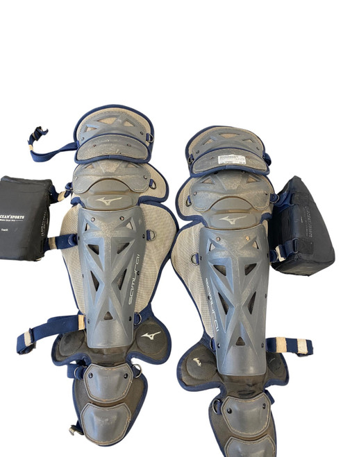 Vist Large View of Product Image Which is Used Mizuno SAMURAI Catchers Leg Guards Black And Navy Blue Intermed