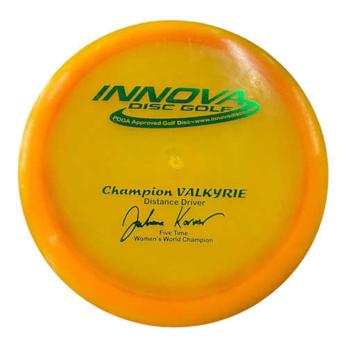 Vist Large View of Product Image Which is Used Innova CHAMPION VALKYRIE PFN JULIANA KORVER Disc Golf Driver Orange 169g