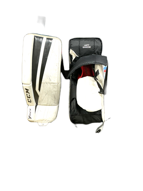 Vist Large View of Product Image Which is Used CCM YT FLEX Goalie Leg Pads Youth White 24"