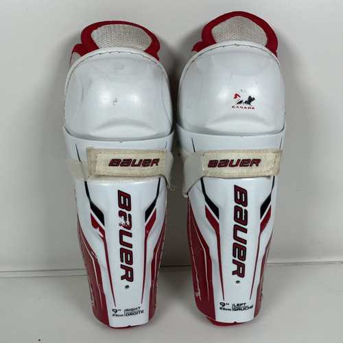 Vist Large View of Product Image Which is Used Bauer Yth Canada Shin Guards White 9"