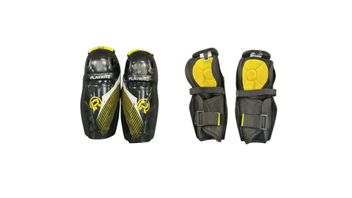 Vist Large View of Product Image Which is Used Sher-wood PLAYRITE Youth Shin Guards Black And Yellow 8"