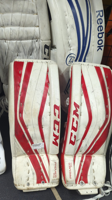 Vist Large View of Product Image Which is Used CCM PREMIER R1.5 Goalie Leg Pads Junior White 24"