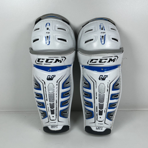 Vist Large View of Product Image Which is Used CCM U+ Jr Shin Guards White 12"
