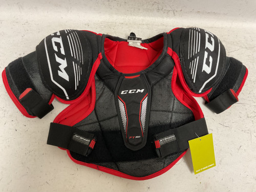 Vist Large View of Product Image Which is Used CCM JETSPEED FT350 Junior Shoulder Pads Black And Red LG