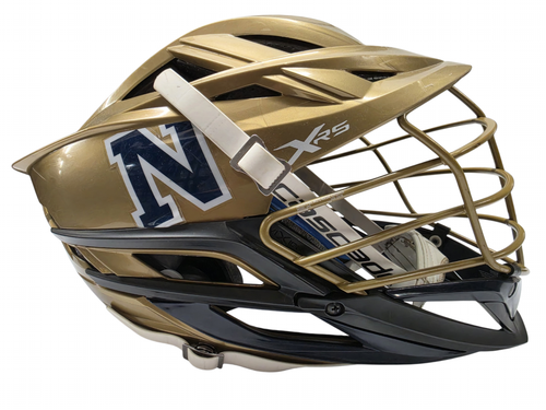 Vist Large View of Product Image Which is Used Cascade XRS Lacrosse Helmet Gold/Navy/Black Needham Decals