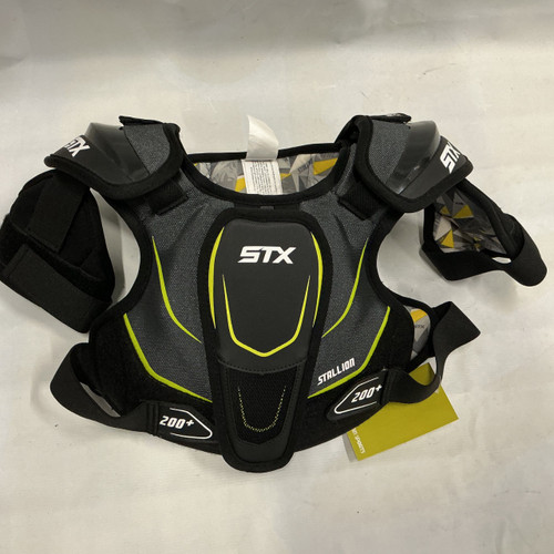 Vist Large View of Product Image Which is Used STX STALLION 200+ Lacrosse Shoulder Pads Lime And Black SM