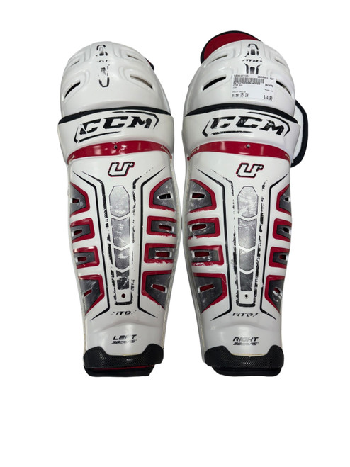 Vist Large View of Product Image Which is Used CCM U+ Senior Shin Guards White 15"