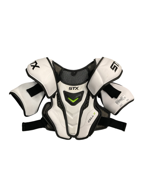 Vist Large View of Product Image Which is Used STX CELL IV Lacrosse Shoulder Pads White LG