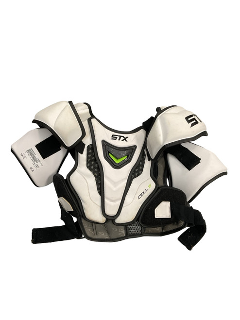 Vist Large View of Product Image Which is Used STX CELL IV Lacrosse Shoulder Pads White LG