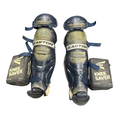 Vist Large View of Product Image Which is Used Easton Elite W/ KNEE SAVERS Catchers Leg Guards Navy Blue Youth