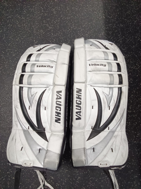 Vist Large View of Product Image Which is Used Vaughn Goalie Leg Pads Junior White 23 1/2"