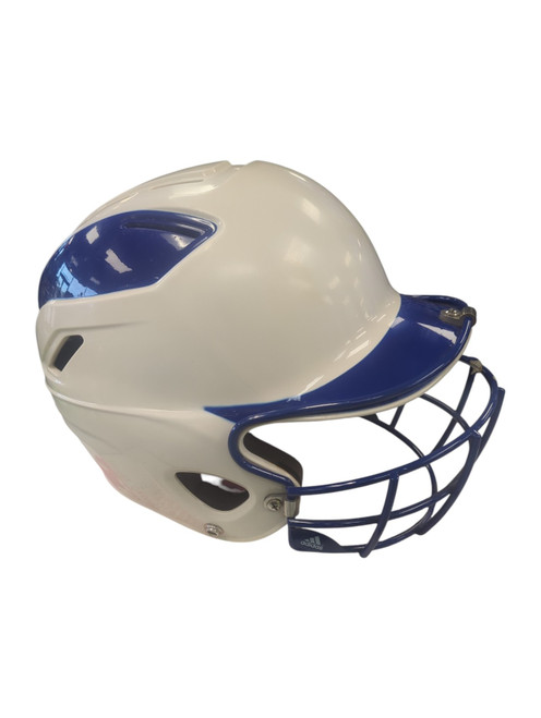 Vist Large View of Product Image Which is Used Adidas TRIOLGY Batting Helmet w/Mask White And Royal Blue MD