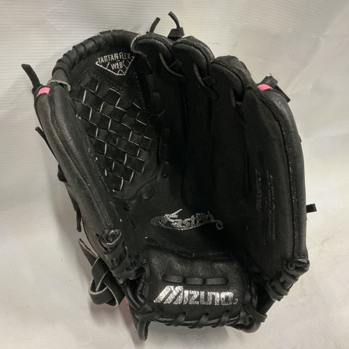 Vist Large View of Product Image Which is Used Mizuno GPP 1105 RH Throw Fastpitch Gloves Black And Pink 11"