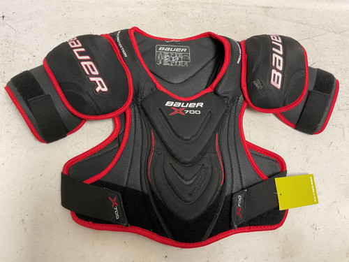 Vist Large View of Product Image Which is Used Bauer VAPOR X700 Senior Shoulder Pads Black And Red SM