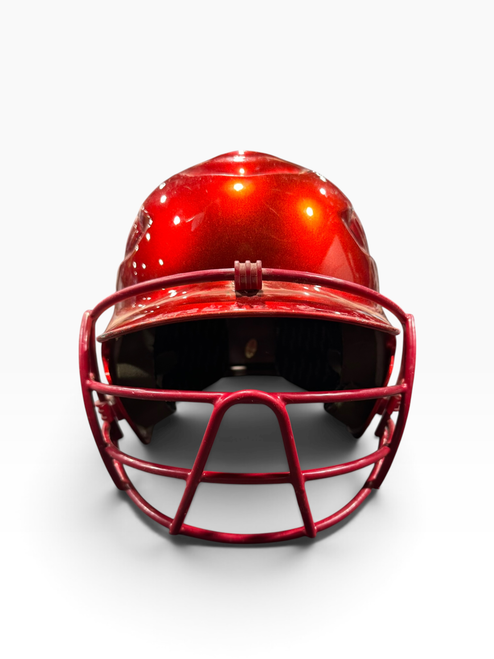 Vist Large View of Product Image Which is Used Rawlings VAPOR Batting Helmet w/Mask Red One Size