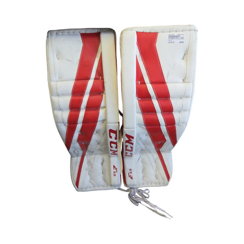 Vist Large View of Product Image Which is Used CCM EXTREME FLEX E3.9 SENIOR LEG PADS Goalie Leg Pads Senior White 34"