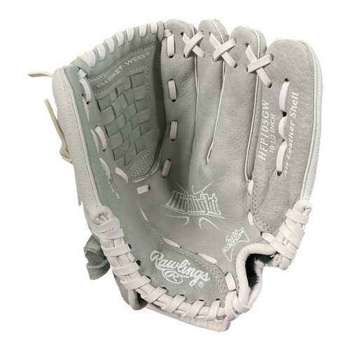 Vist Large View of Product Image Which is Used Rawlings HIGHLIGHT HFP105GW BB/SB Glove RH Throw White 10 1/2"