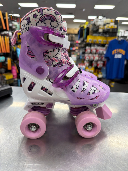 Vist Large View of Product Image Which is Used RollerDerby UNICORNS AND RAINBOWS 12-2 Junior Roller Quad Skates Pink Adjustable