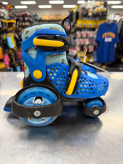 Vist Large View of Product Image Which is Used RollerDerby PIZZA SHARK YAYYY 7Y-11Y Child Roller Quad Skates Royal Blue Adjustable