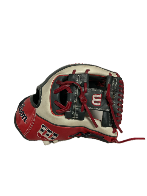 Vist Large View of Product Image Which is Used Wilson A2000 1786 PRO-STOCK USA BB/SB Glove RH Throw White/Red/Navy 11 1/2"