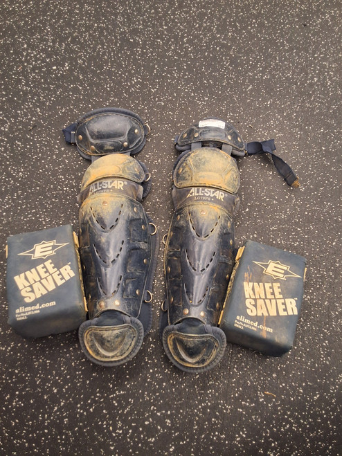 Vist Large View of Product Image Which is Used All-Star LG79PS Catchers Leg Guards Navy Blue Youth