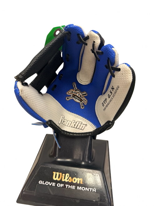Vist Large View of Product Image Which is Used Franklin AIR TECH RTP T-Ball Glove RH Throw Black And Carolina Blue 8"